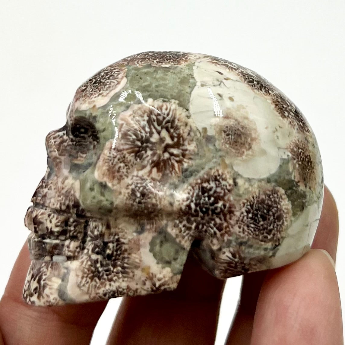 Russian Flower Cherry Blossom Jasper Skull 2 Inches Hand Carved Crystal Carving