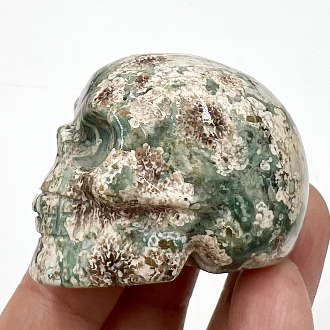 Russian Flower Cherry Blossom Jasper Skull 2 Inches Hand Carved Crystal Carving