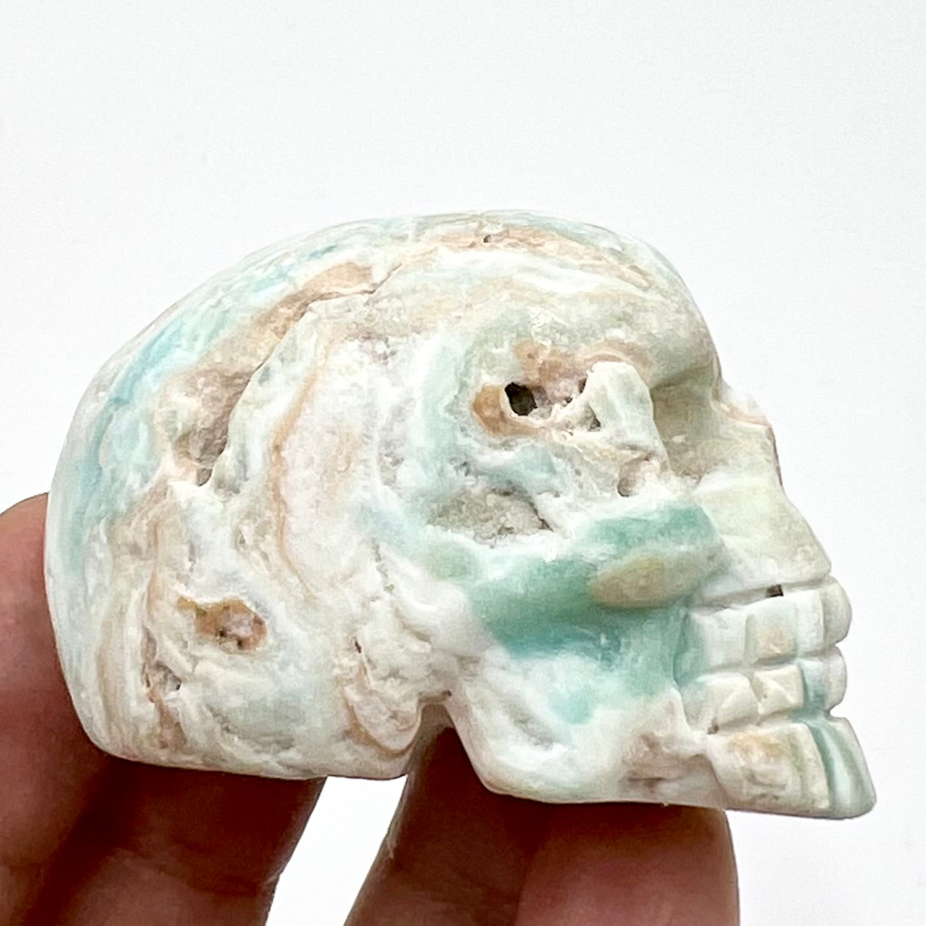 Blue Aragonite Skull 2 Inches Rare Hand Carved Crystal Carving