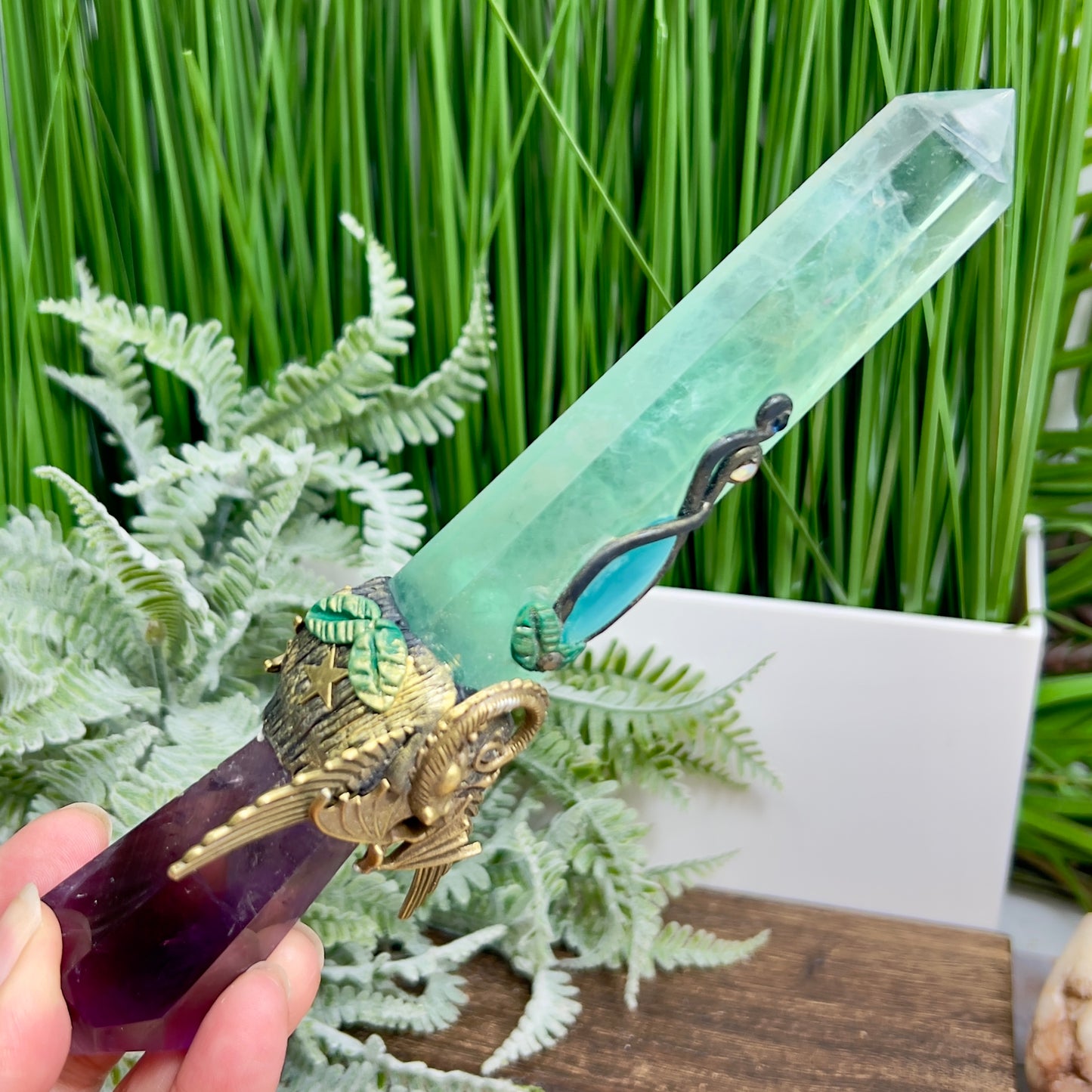 Fluorite Ametrine Wand Sward Manifesting Crystal Carving 288g 211mm