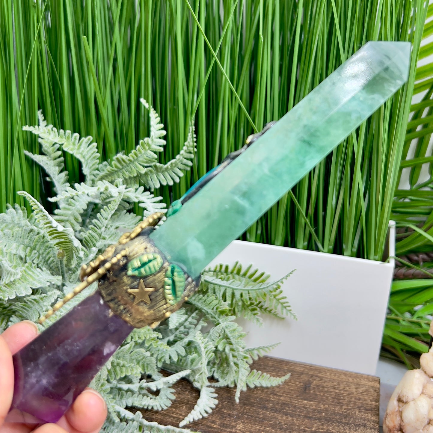 Fluorite Ametrine Wand Sward Manifesting Crystal Carving 288g 211mm