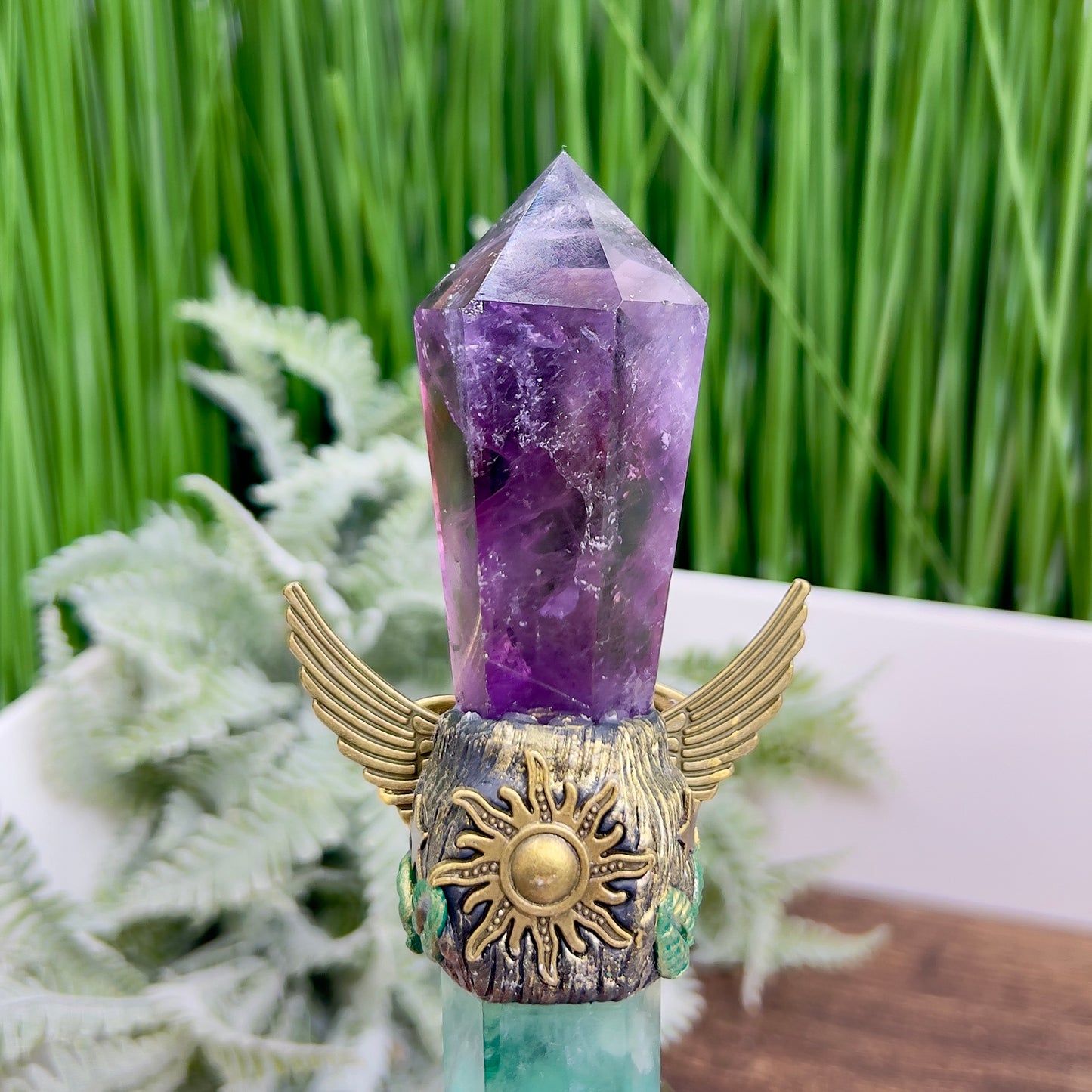 Fluorite Ametrine Wand Sward Manifesting Crystal Carving 288g 211mm