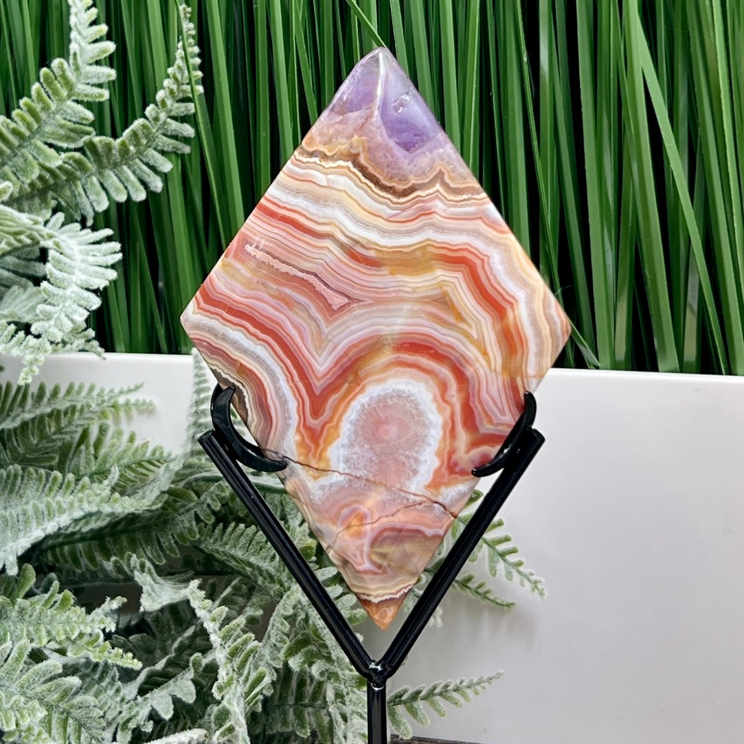 Amethyst with Mexican Lace Agate Rhombus Display with Stand Healing Crystal Carving