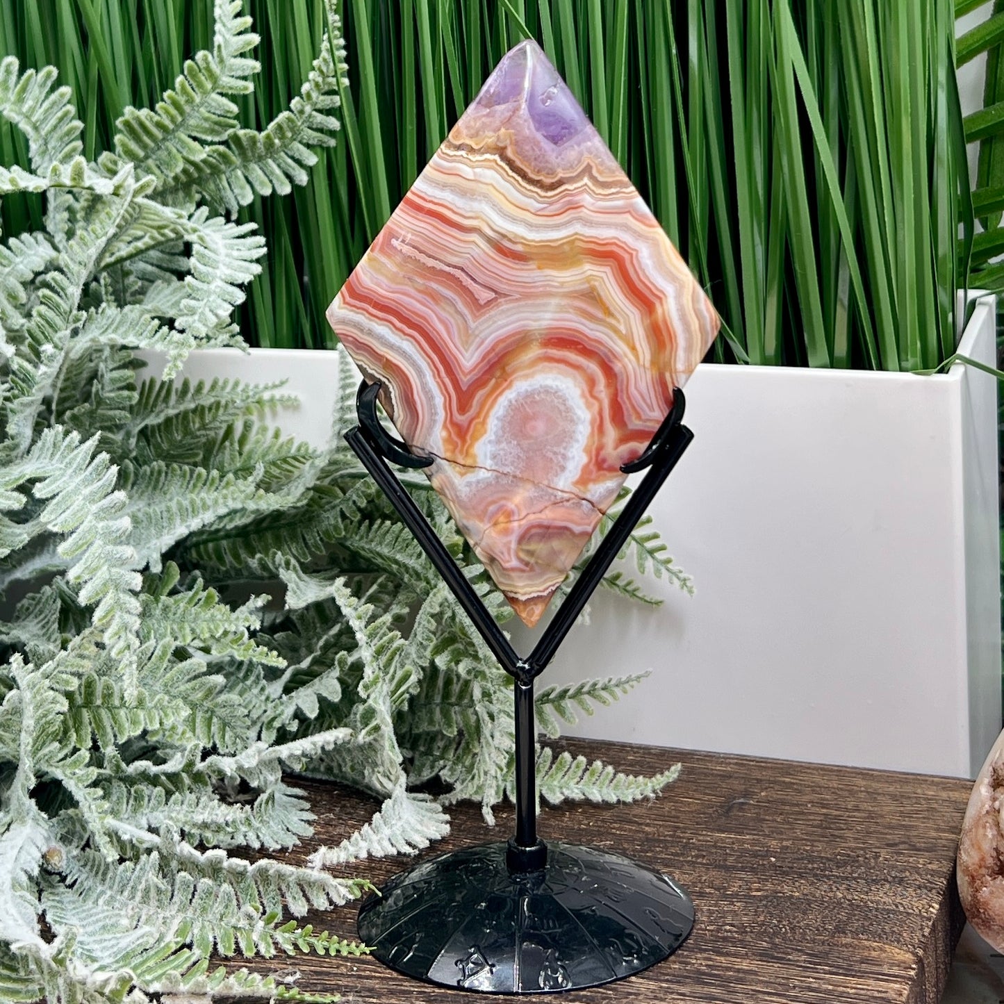 Amethyst with Mexican Lace Agate Rhombus Display with Stand Healing Crystal Carving