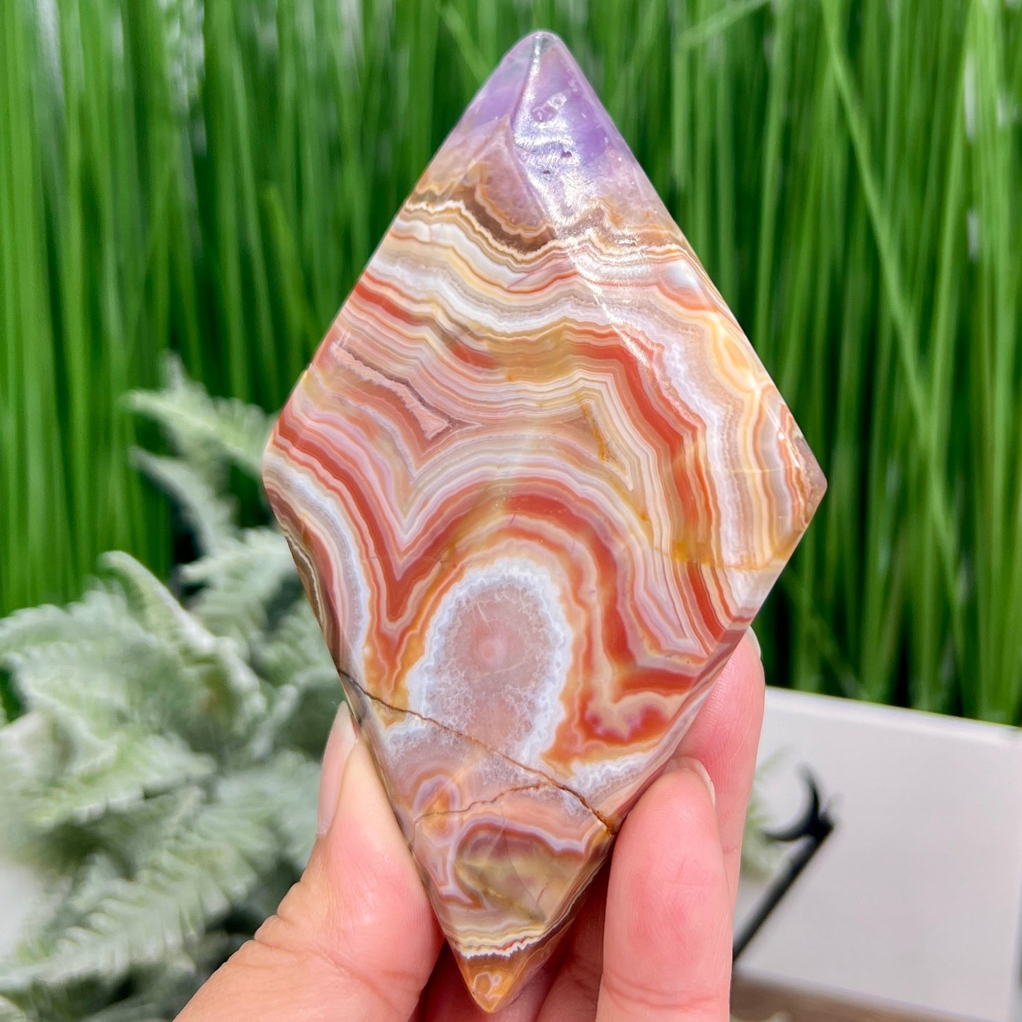 Amethyst with Mexican Lace Agate Rhombus Display with Stand Healing Crystal Carving