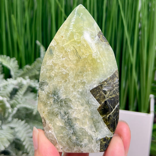 Prehnite with Epidote Flame Free Form Crystal Carving 274g