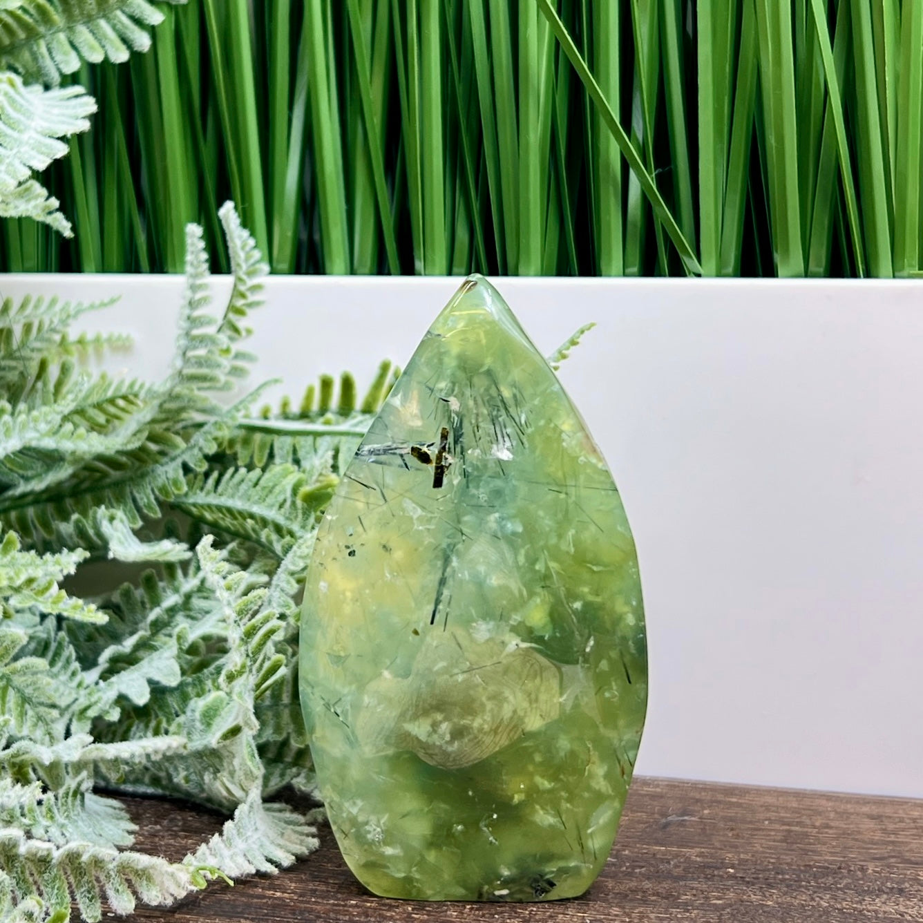 Prehnite with Epidote Flame Free Form Crystal Carving 210g