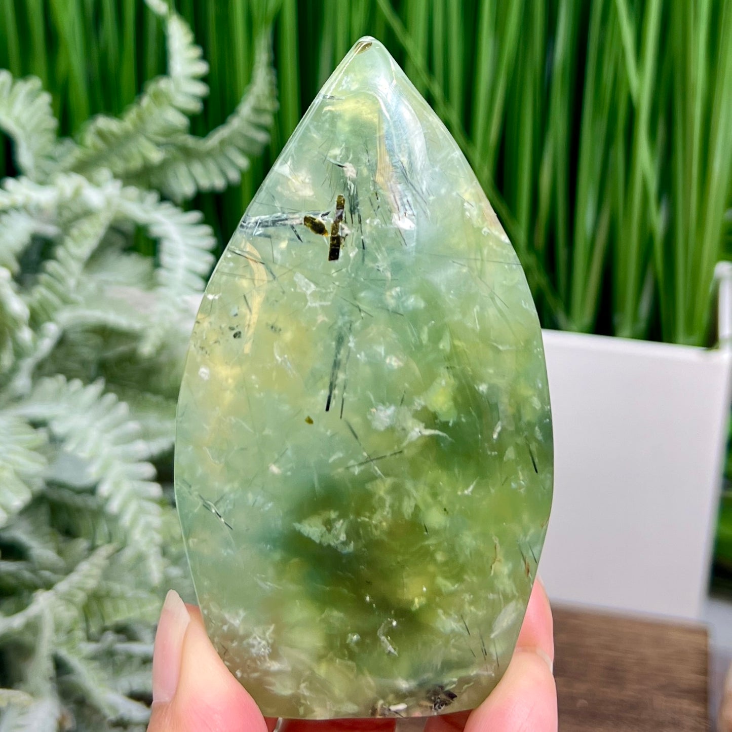 Prehnite with Epidote Flame Free Form Crystal Carving 210g