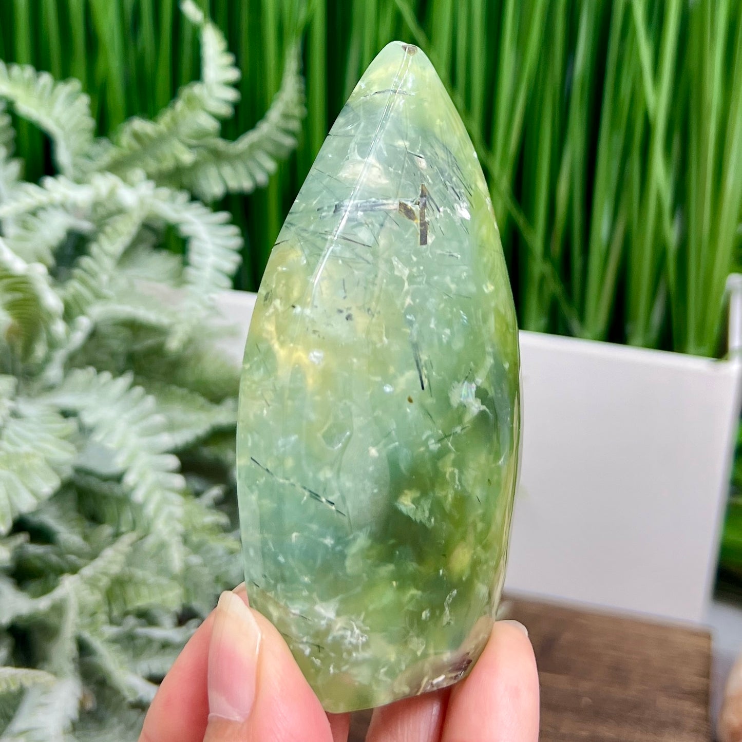 Prehnite with Epidote Flame Free Form Crystal Carving 210g