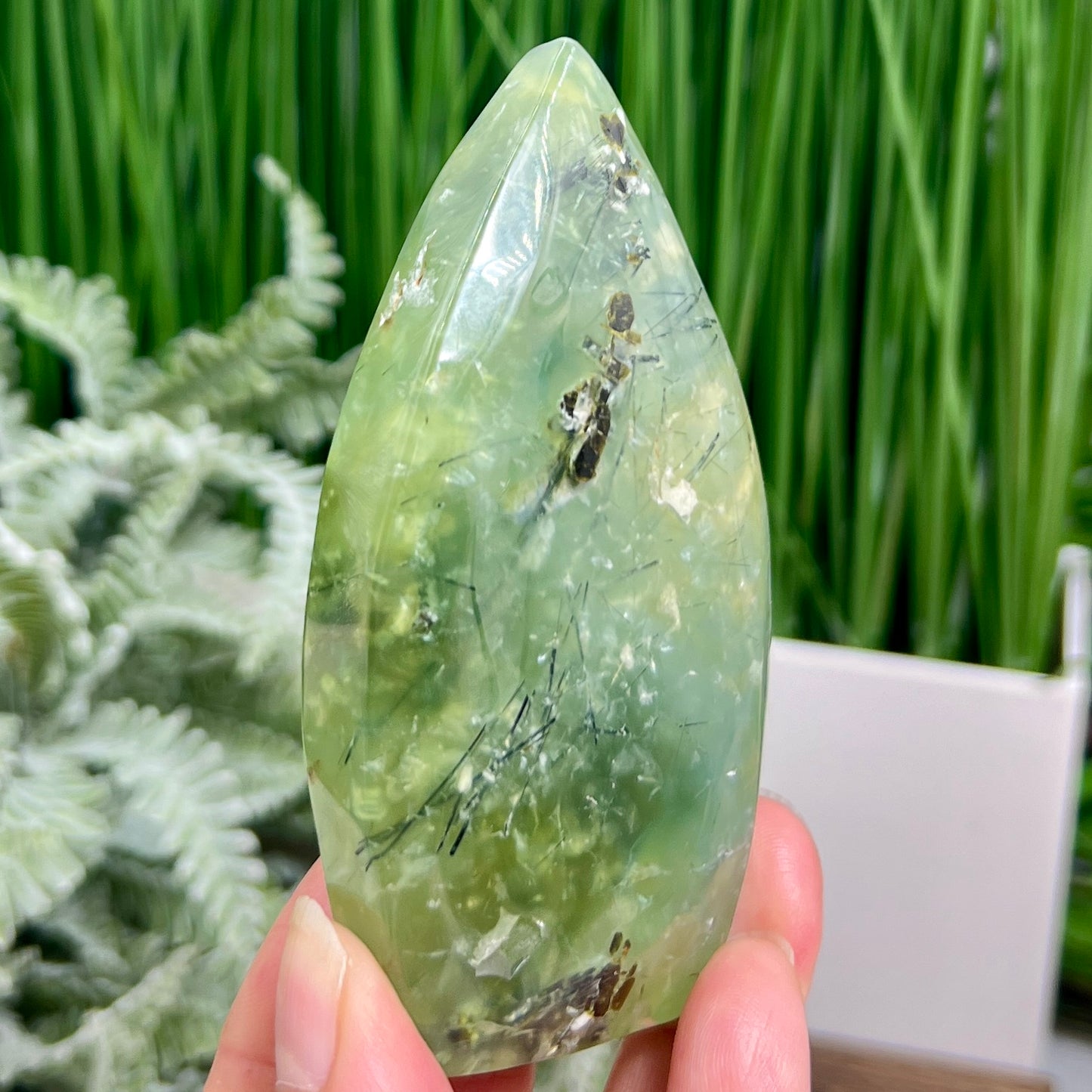 Prehnite with Epidote Flame Free Form Crystal Carving 210g