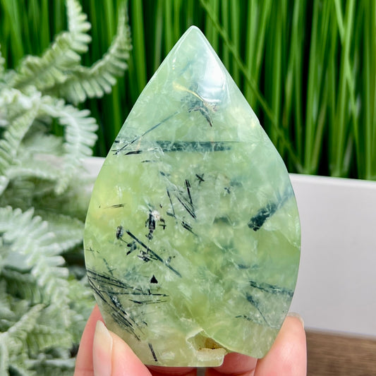 Prehnite with Epidote Flame Free Form Crystal Carving 204g