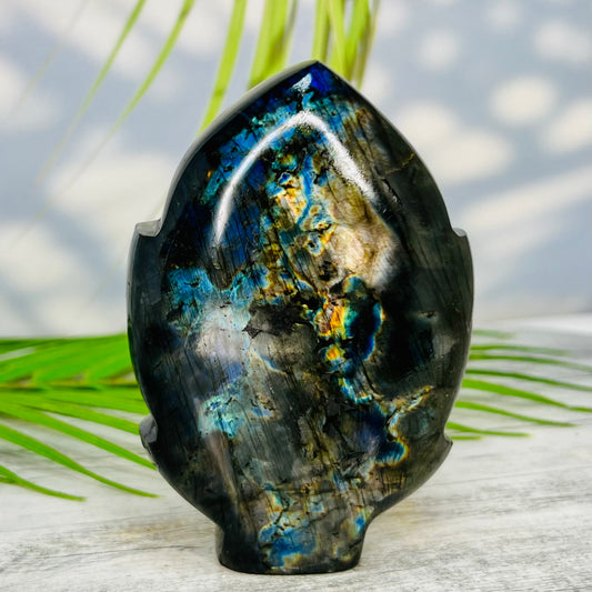 Fire Labradorite Leaf Flashy Crystal Carving