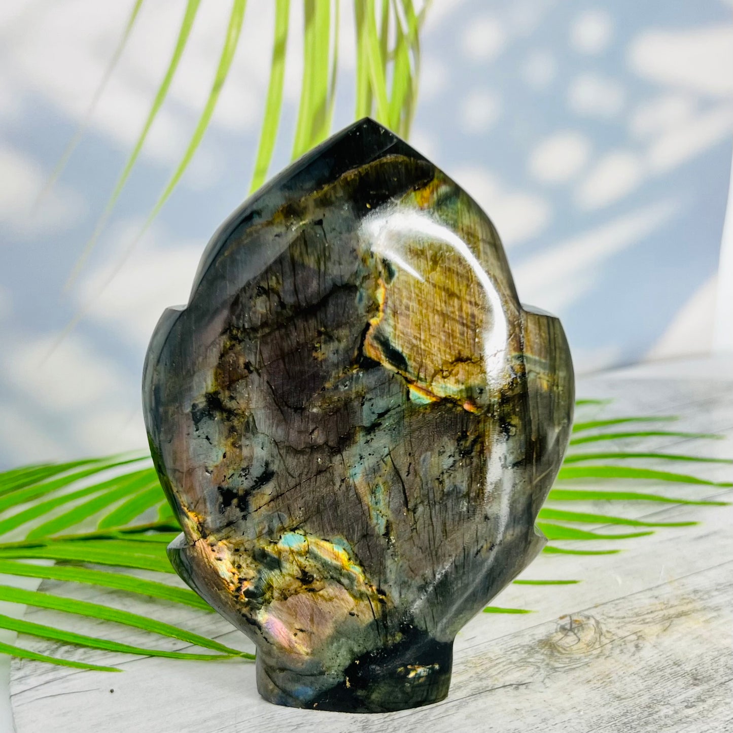 Fire Labradorite Leaf Flashy Crystal Carving