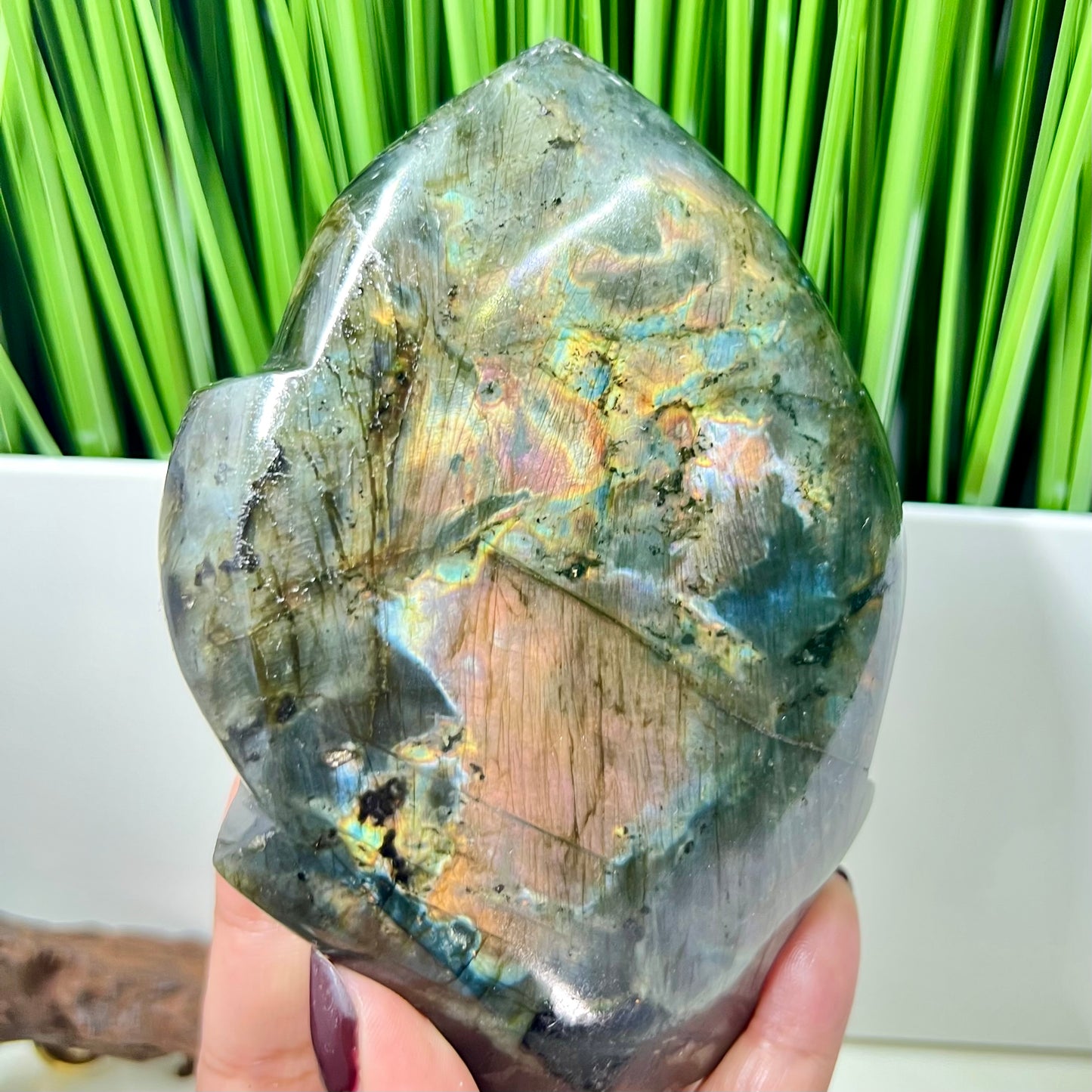 Fire Labradorite Leaf Flashy Crystal Carving