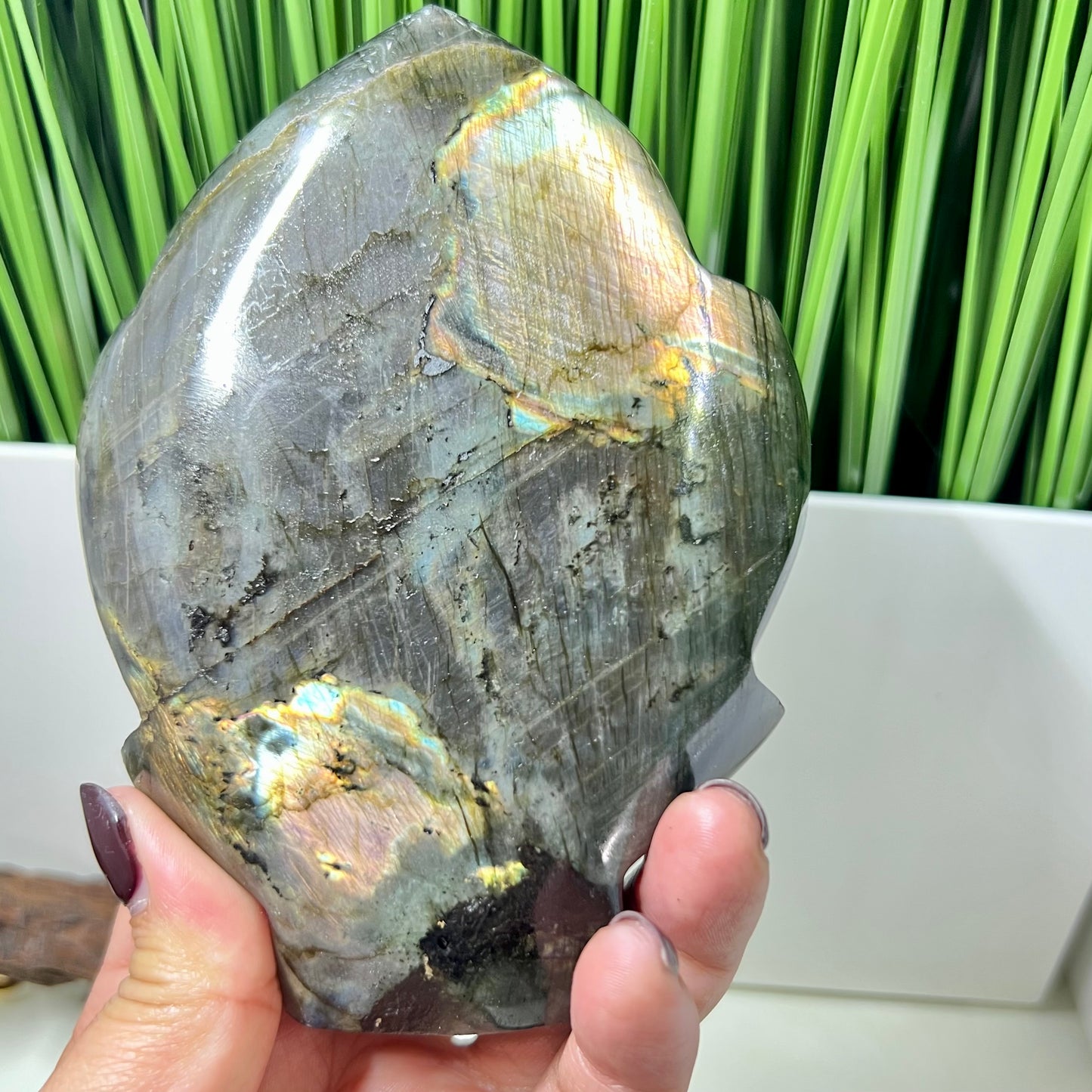 Fire Labradorite Leaf Flashy Crystal Carving