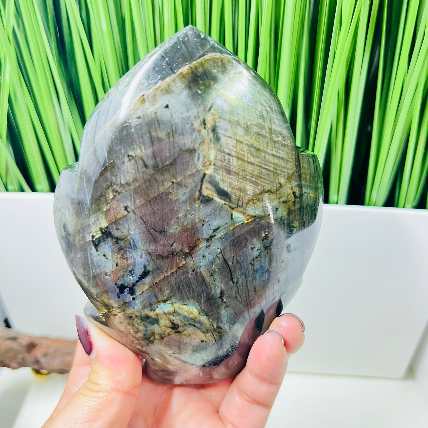 Fire Labradorite Leaf Flashy Crystal Carving