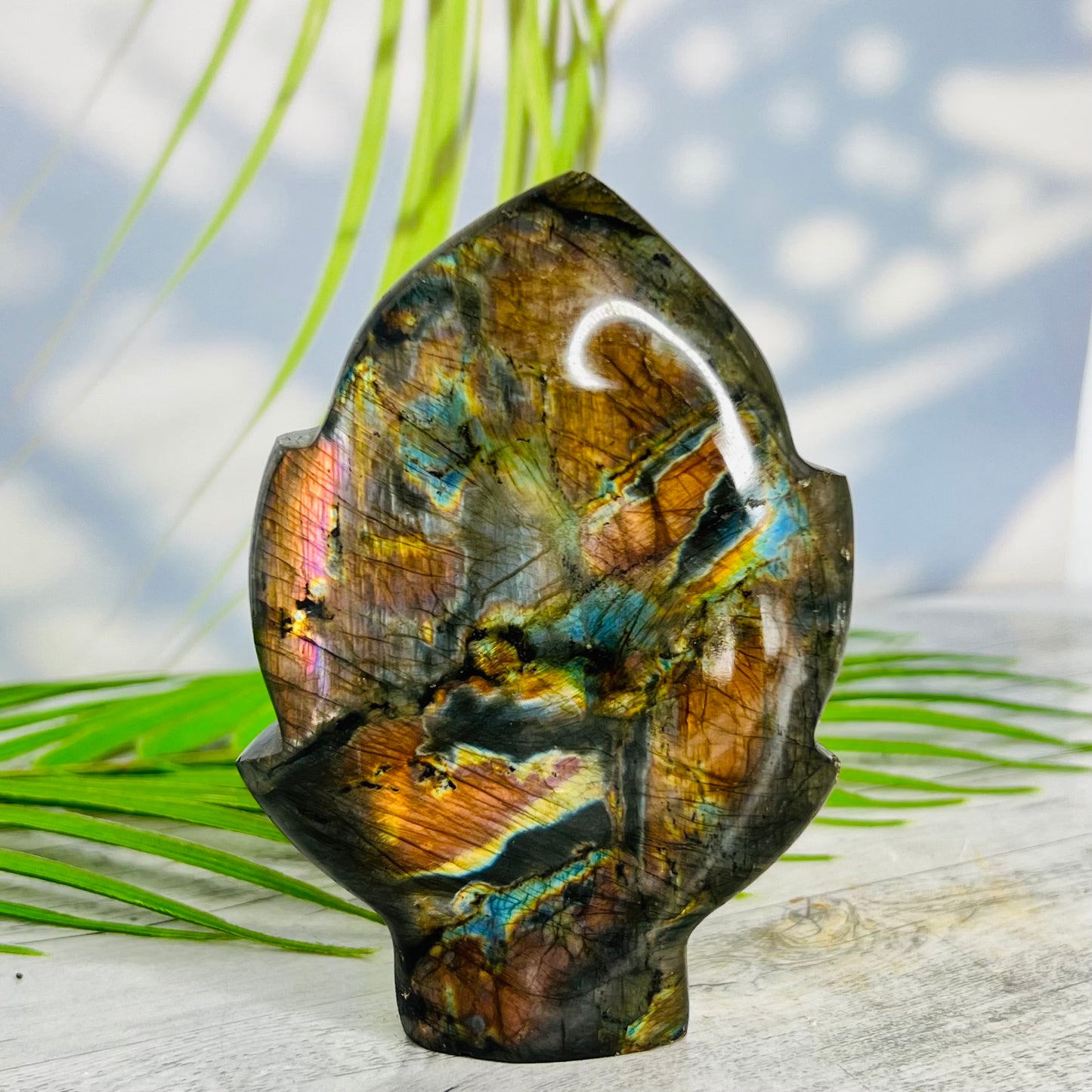 Fire Labradorite Leaf Flashy Crystal Carving