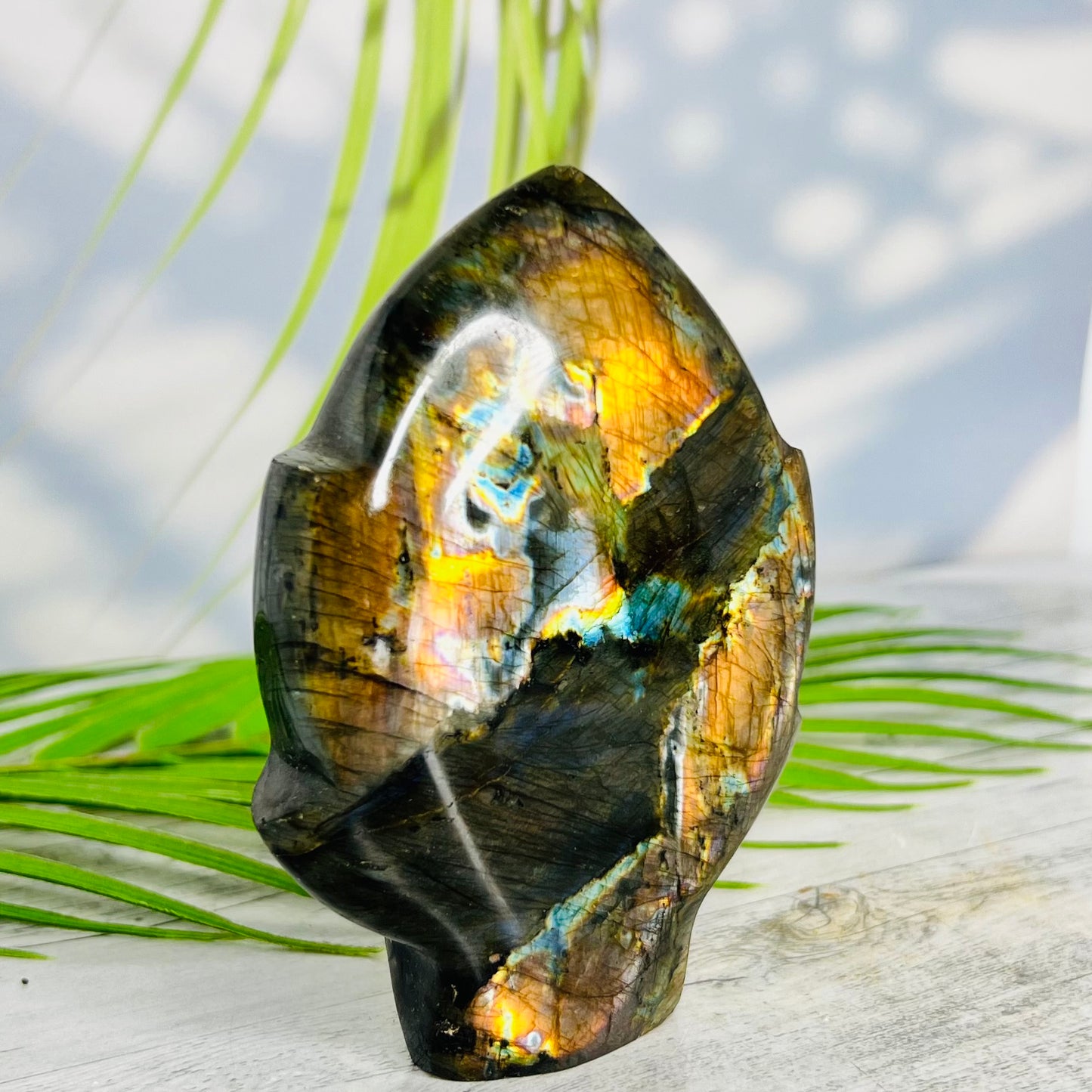 Fire Labradorite Leaf Flashy Crystal Carving