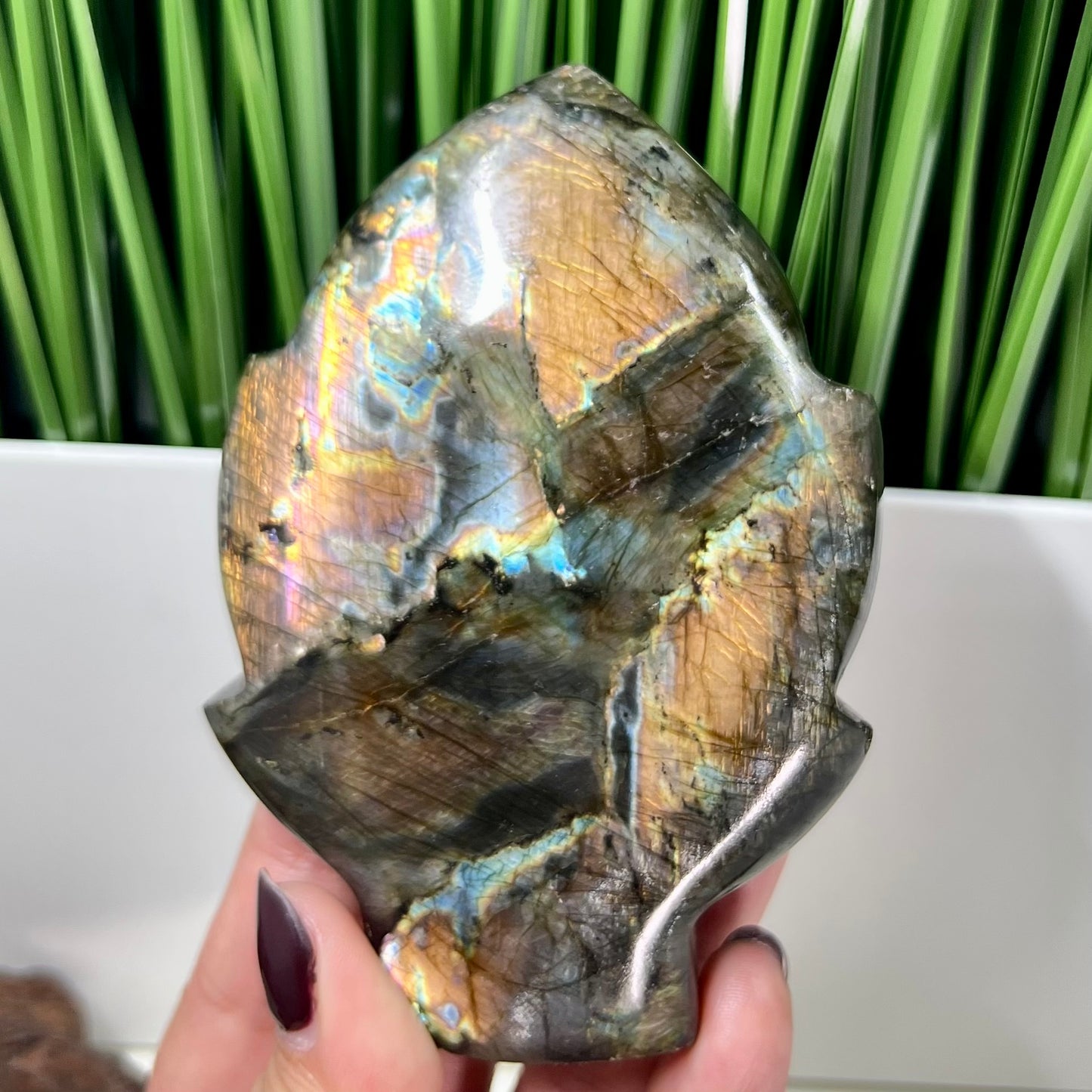 Fire Labradorite Leaf Flashy Crystal Carving