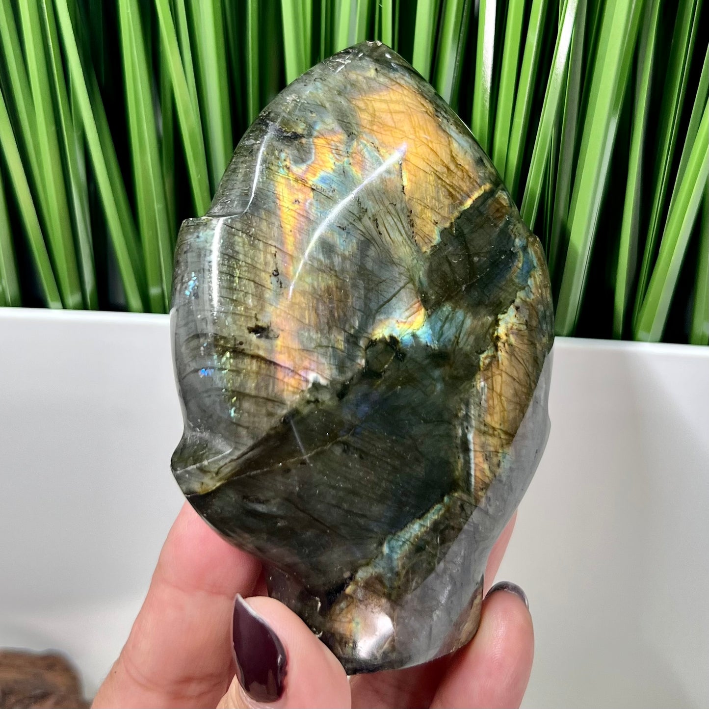 Fire Labradorite Leaf Flashy Crystal Carving