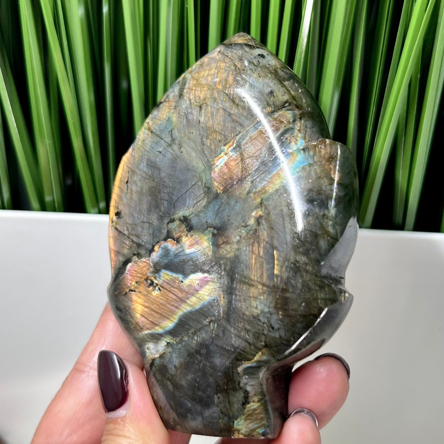 Fire Labradorite Leaf Flashy Crystal Carving