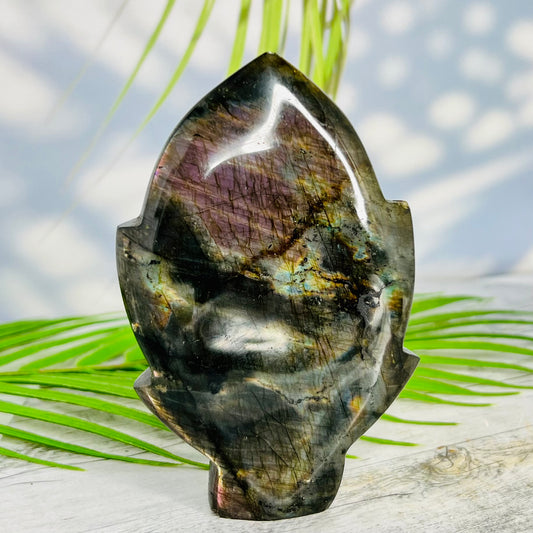 Fire Labradorite Leaf Flashy Crystal Carving