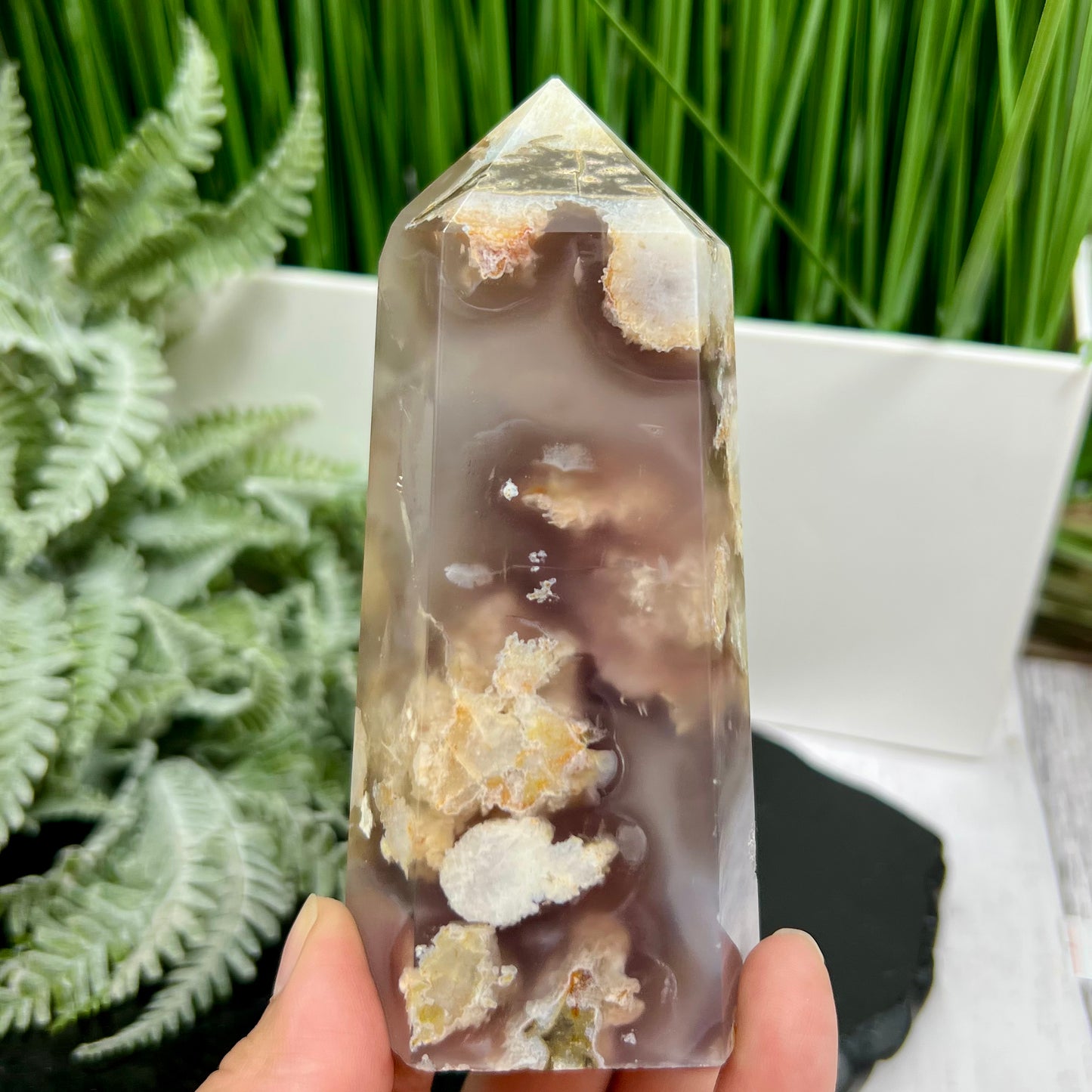 Black Flower Agate Tower Healing Crystal Generator 374g