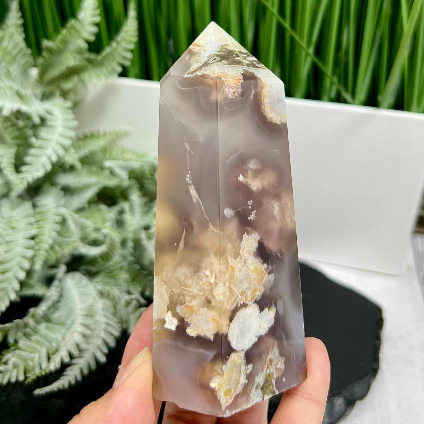 Black Flower Agate Tower Healing Crystal Generator 374g