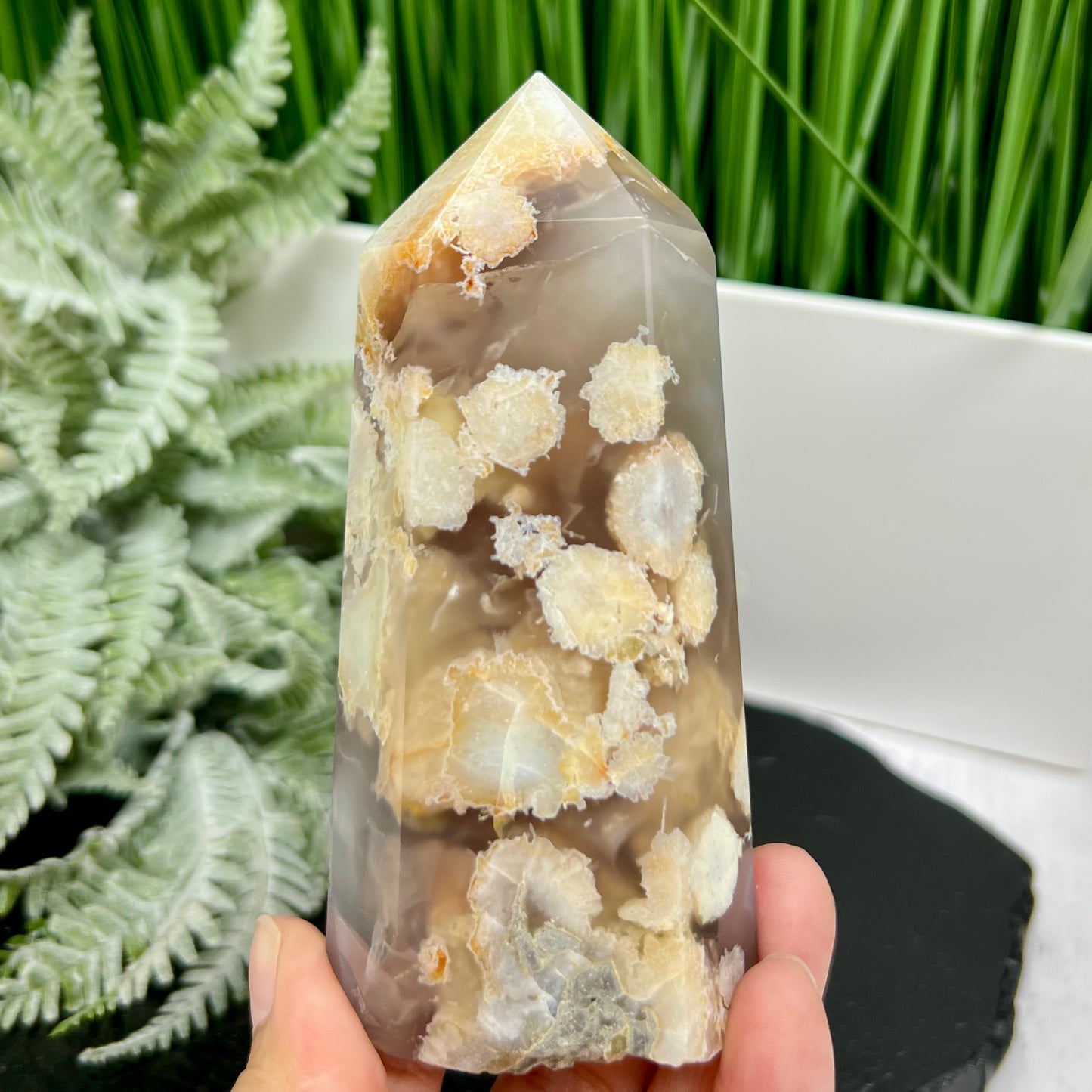 Black Flower Agate Tower Healing Crystal Generator 374g