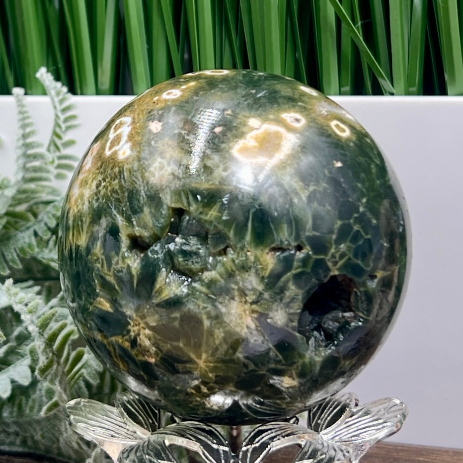 8th Vein Orbicular Sea Ocean Jasper Round Eye Sphere Bubble Crystal Ball 636g 78mm