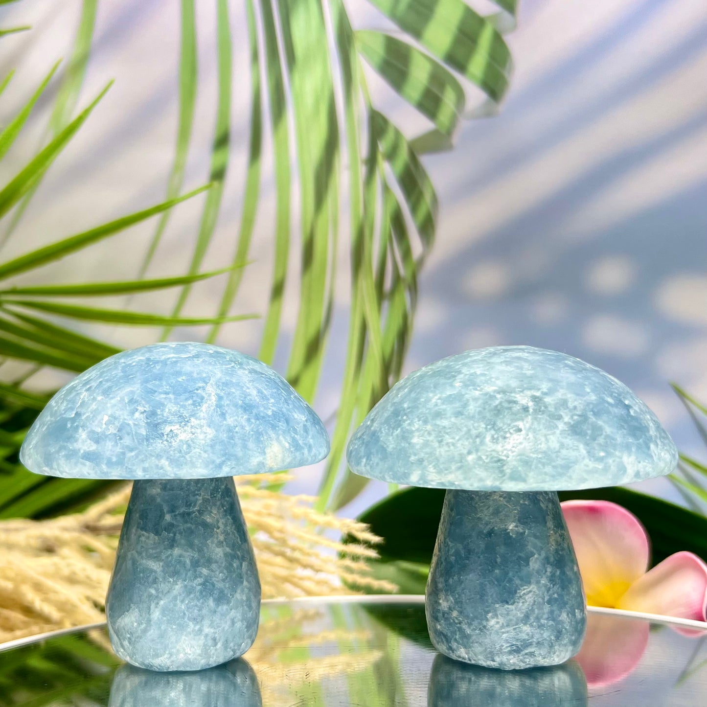 Large Blue Calcite Mushrooms Crystal Carvings