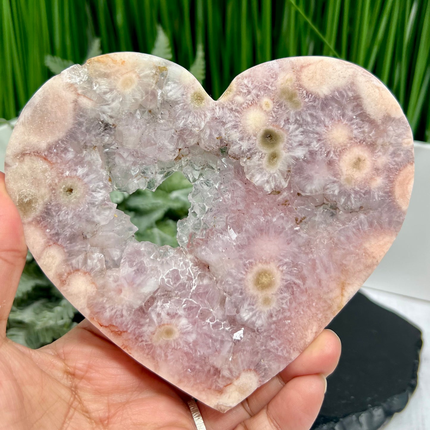 Pink Purple Amethyst Flower Agate Quartz Heart with Stand Crystal Carving 304g