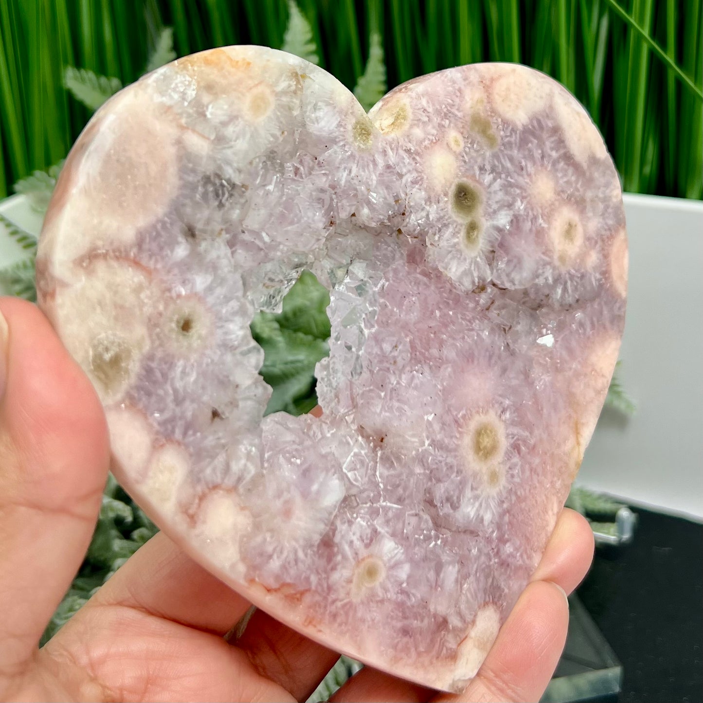 Pink Purple Amethyst Flower Agate Quartz Heart with Stand Crystal Carving 304g