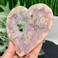 Pink Purple Amethyst Flower Agate Quartz Heart with Stand Crystal Carving 304g