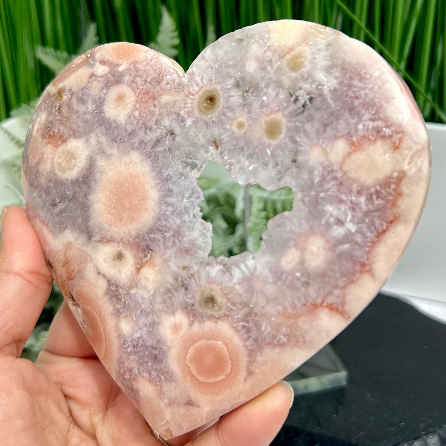 Pink Purple Amethyst Flower Agate Quartz Heart with Stand Crystal Carving 304g