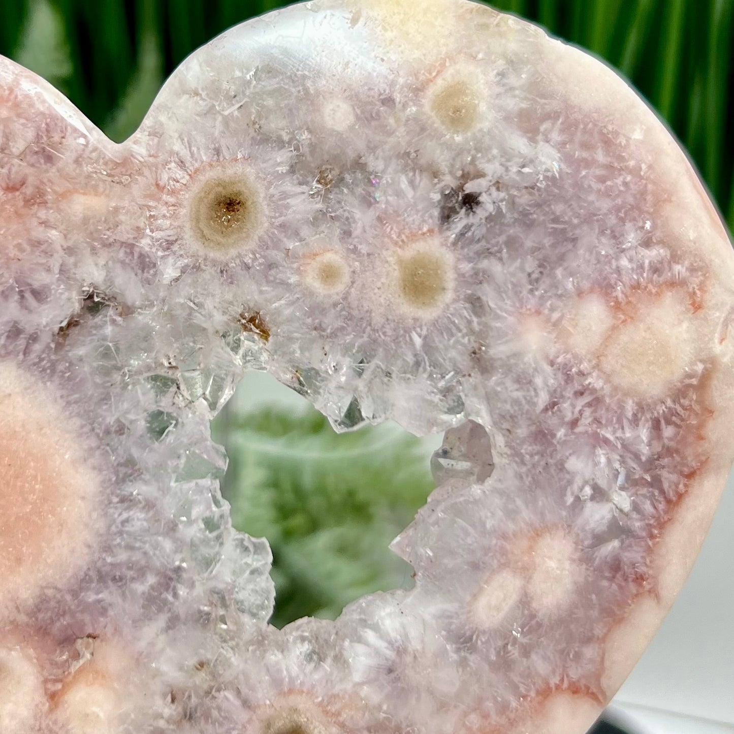 Pink Purple Amethyst Flower Agate Quartz Heart with Stand Crystal Carving 304g