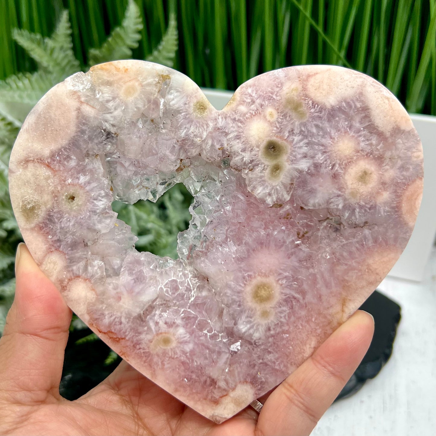 Pink Purple Amethyst Flower Agate Quartz Heart with Stand Crystal Carving 304g