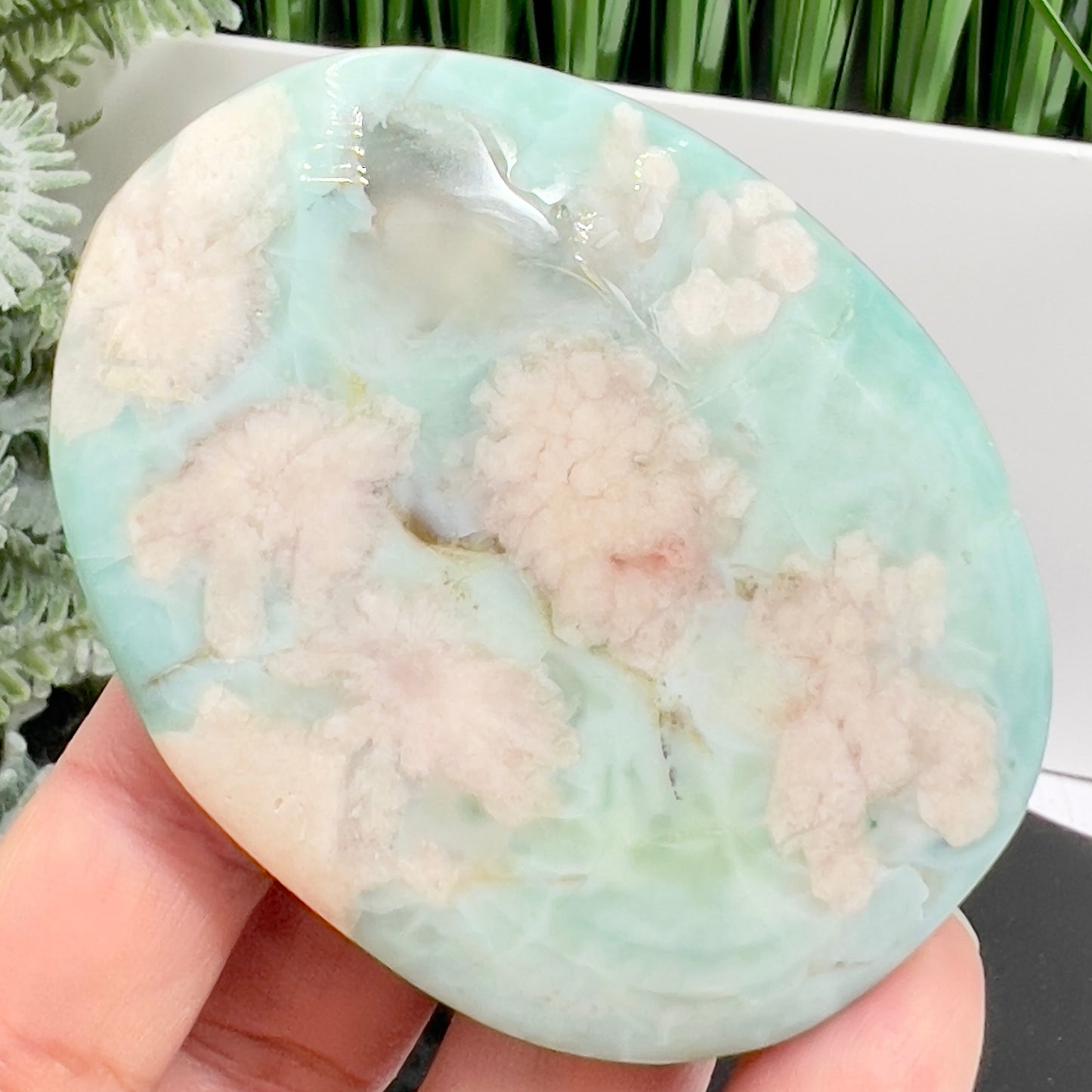 Green Flower Agate Sakura Rare Large Palm Stone Meditation Crystal 112g