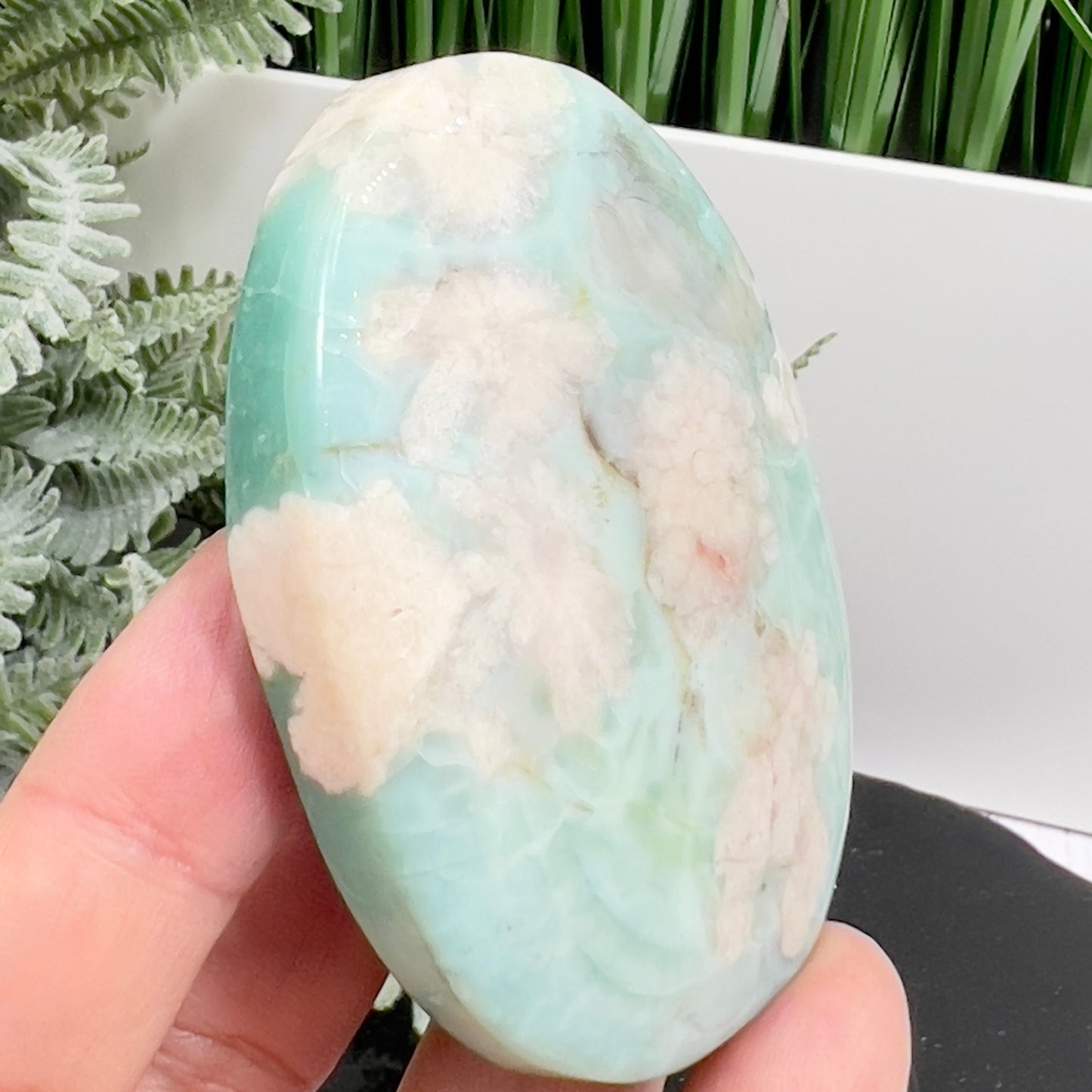 Green Flower Agate Sakura Rare Large Palm Stone Meditation Crystal 112g