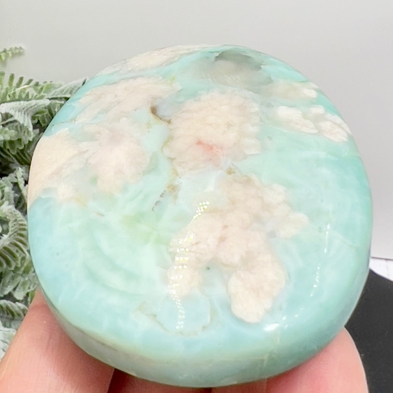 Green Flower Agate Sakura Rare Large Palm Stone Meditation Crystal 112g