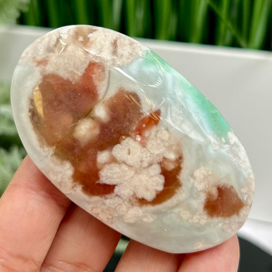 Green Red Flower Agate Sakura Rare Large Palm Stone Meditation Crystal 80g