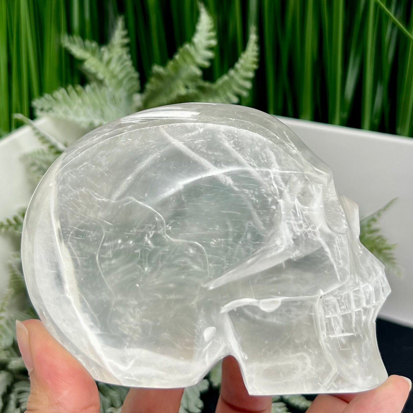 Satin Spar Selenite Skull Top Quality Translucent Crystal Carving Morocco 744g