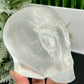 Satin Spar Selenite Alien Skull Top Quality Translucent Crystal Morocco 980g