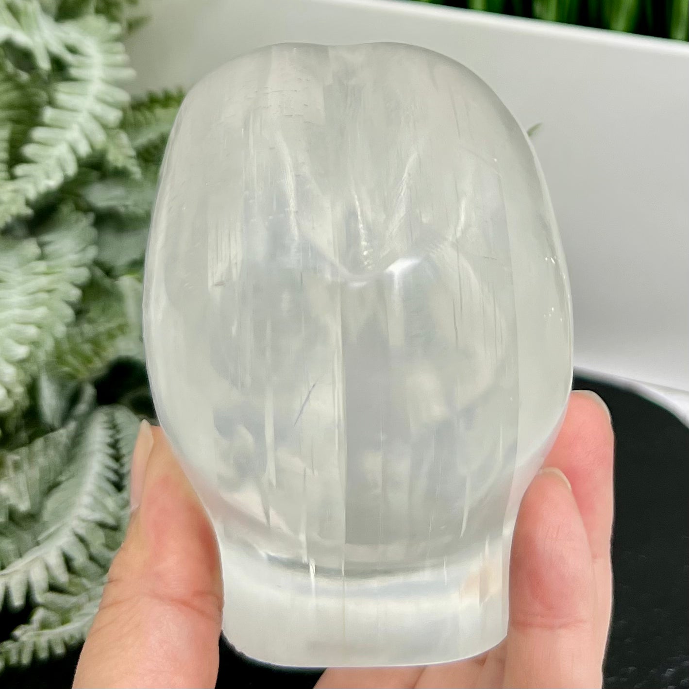 Satin Spar Selenite Alien Skull Top Quality Translucent Crystal Morocco 980g