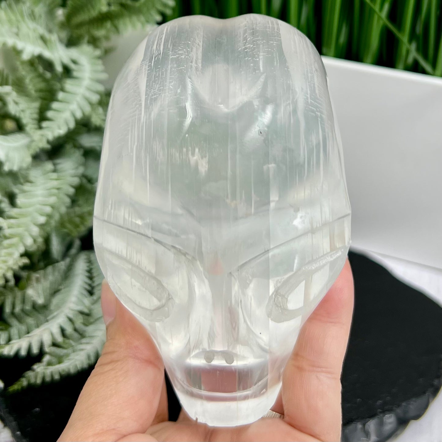 Satin Spar Selenite Alien Skull Top Quality Translucent Crystal Morocco 980g