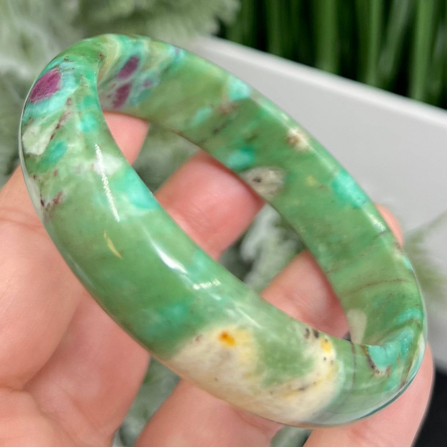 Ruby in Fuchsite Bangle Bracelet UV Reactive Wearable Crystal 58mm Diameter