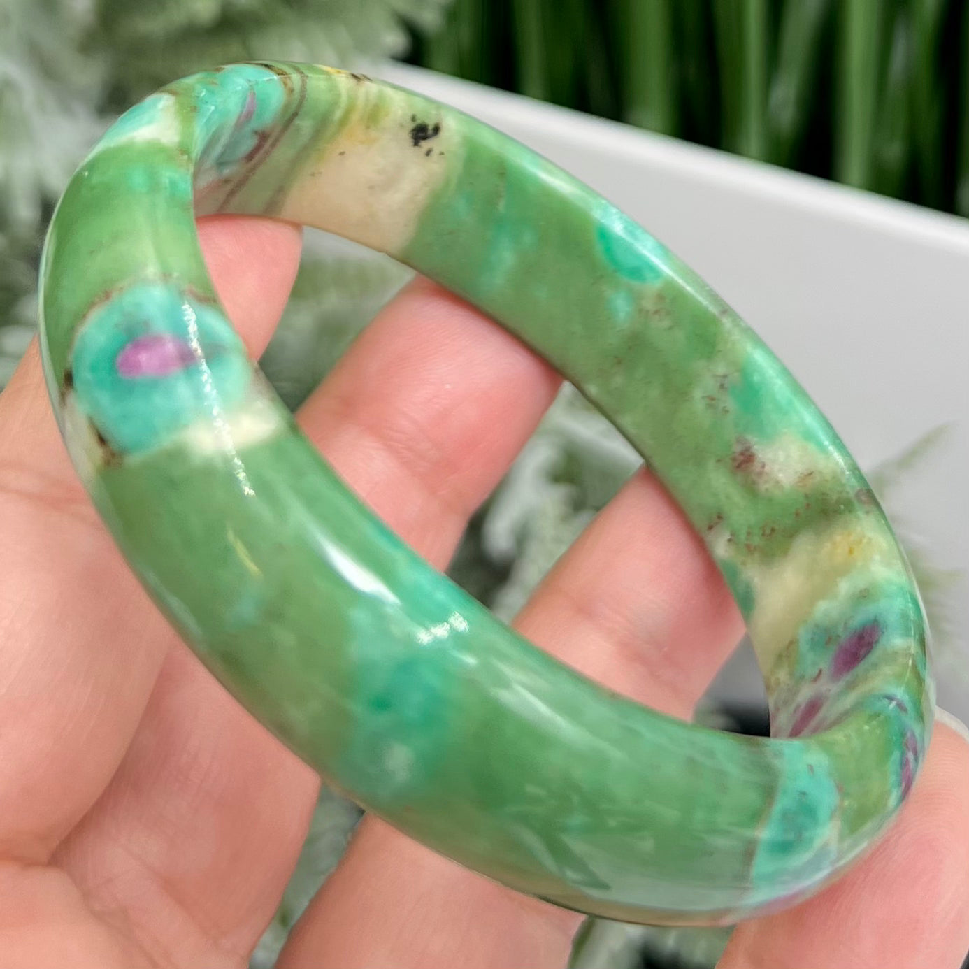 Ruby in Fuchsite Bangle Bracelet UV Reactive Wearable Crystal 58mm Diameter