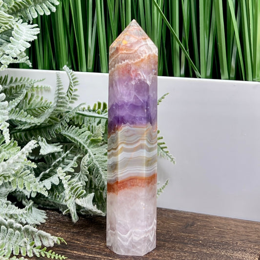 Amethyst with Mexican Lace Agate Tower Crystal Generator 182g 136mm