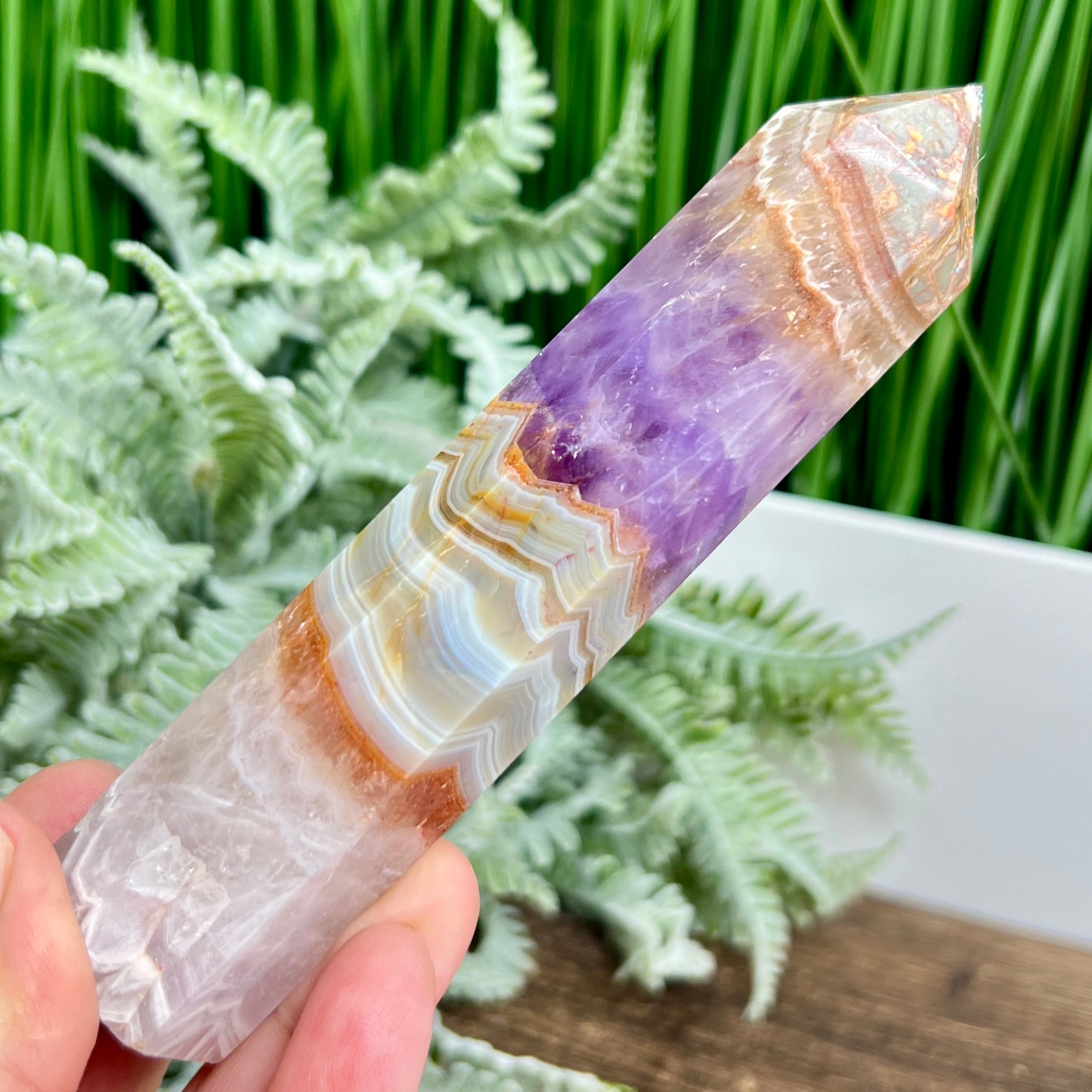 Amethyst with Mexican Lace Agate Tower Crystal Generator 182g 136mm