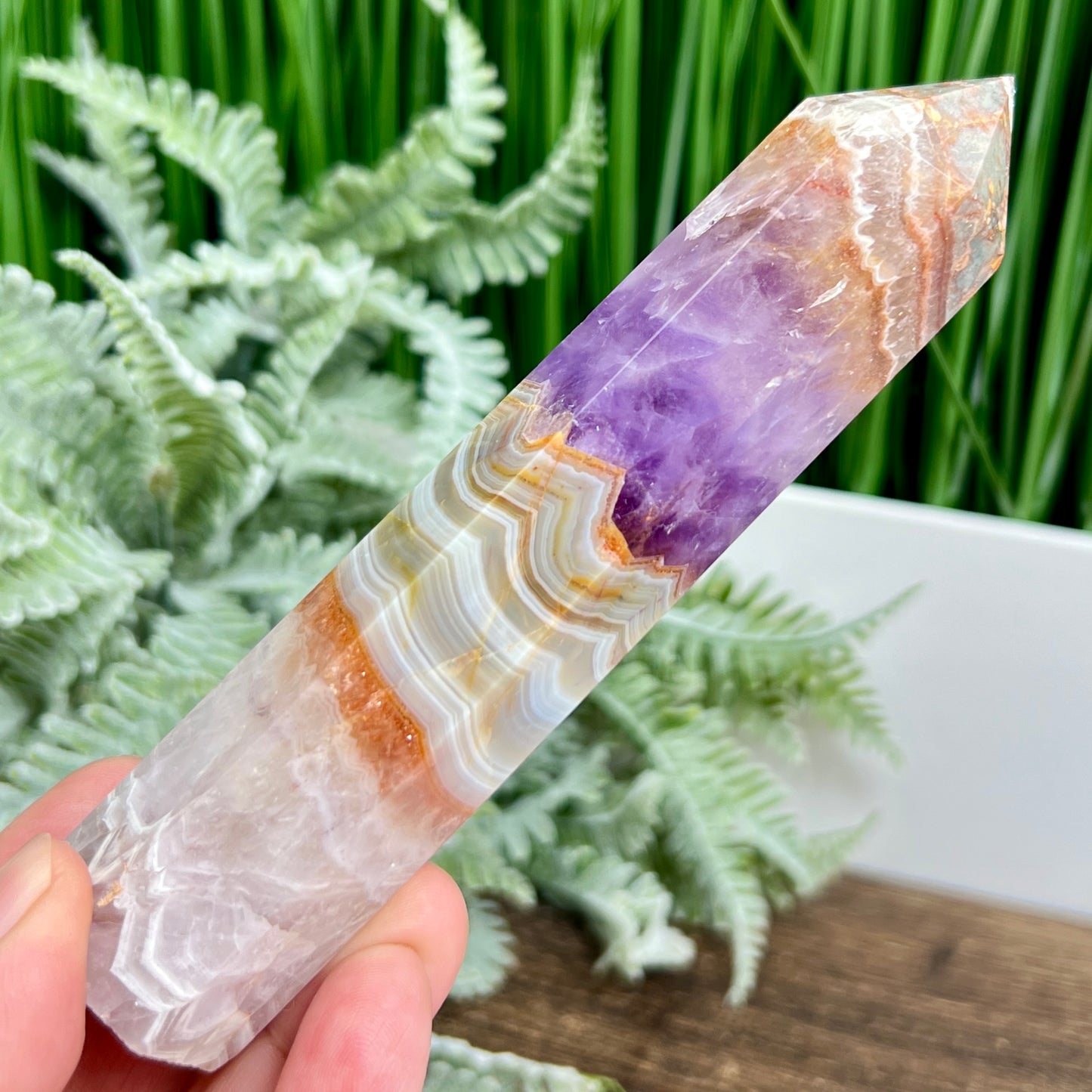 Amethyst with Mexican Lace Agate Tower Crystal Generator 182g 136mm